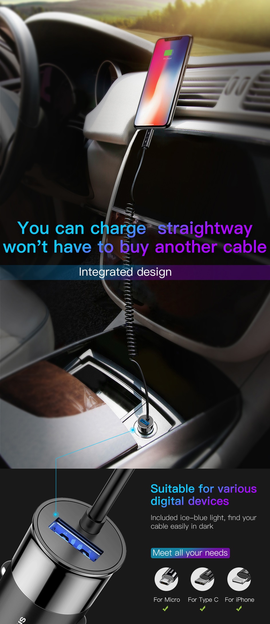 Baseus Enjoy Together 2-in-1 Car Charger - Black