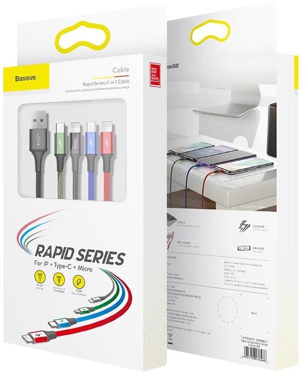 Baseus Fast 4-in-1 Cable For lightning+Type-C(2)+Micro 3.5A 1.2M Black