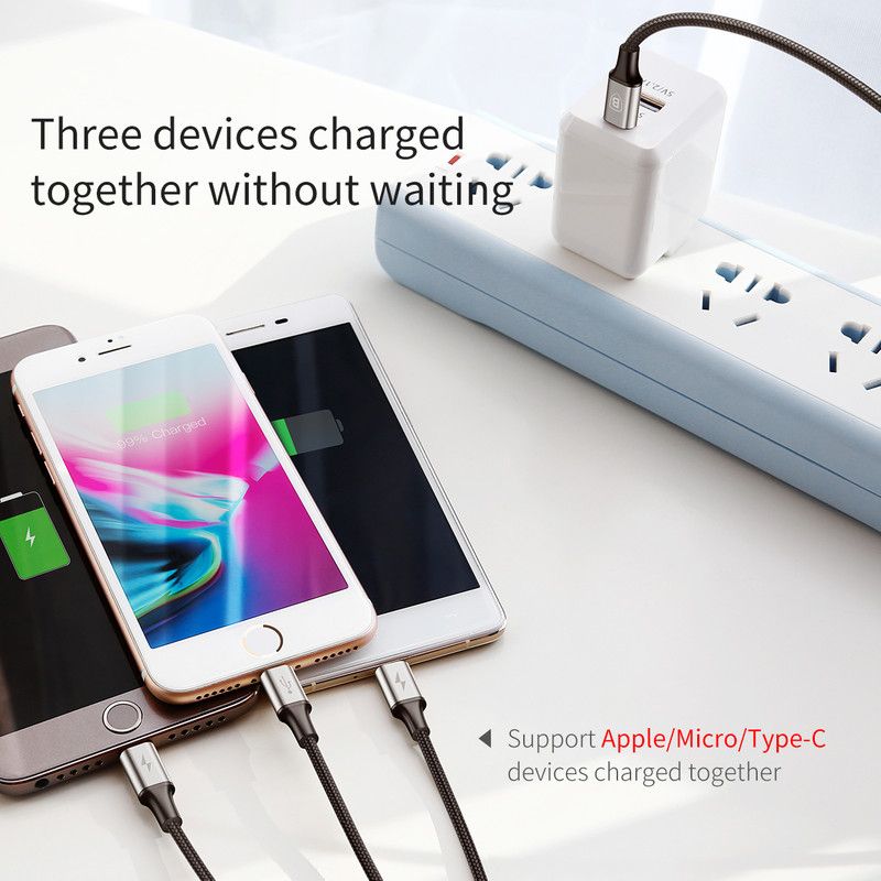 Baseus Rapid Series Type-C 3-1 Cable 1.2M For Micro+Lightning+Type-C Silver+Black