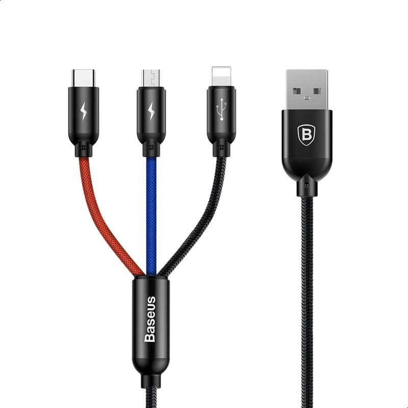 Baseus Three Primary Colors 3-in-1 Cable USB For M+L+T 3.5A 1.2M Black
