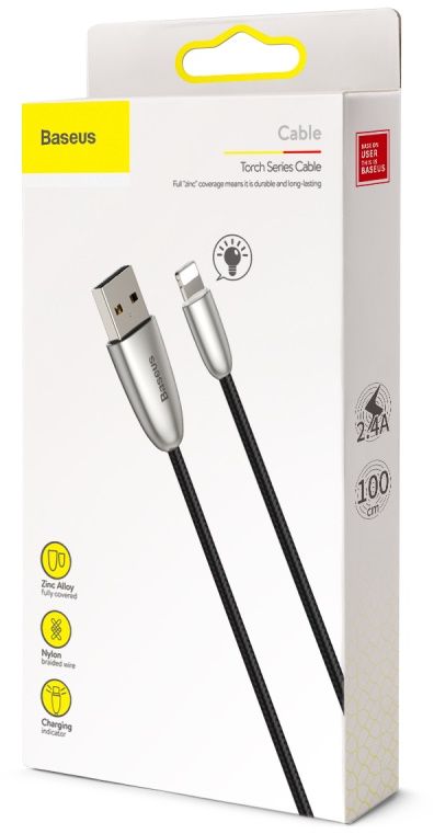 Baseus Torch Series Data Cable USB for iP 2.4A 1m Black(With lamp)