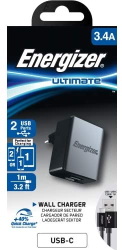 ENERGIZER WALL CHARGER 3.4A 2USB EU +USB-C2.0 Cable BLACK