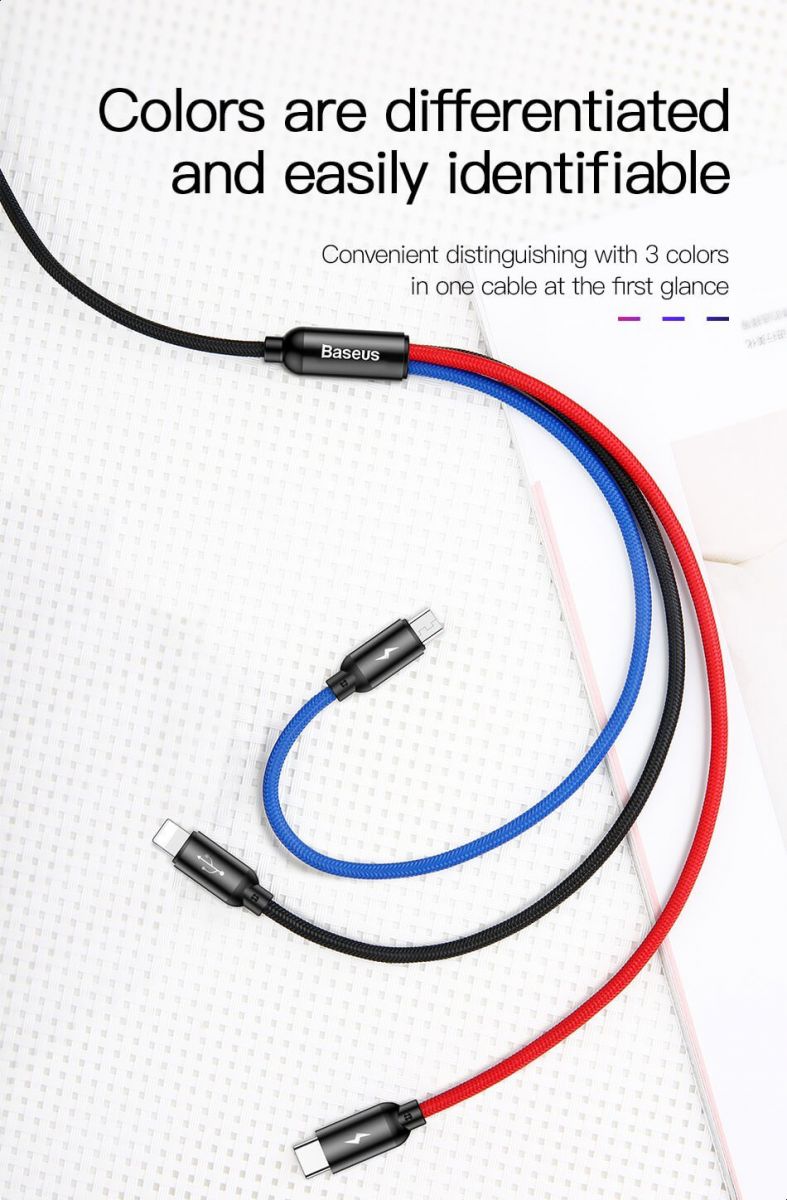 Baseus Three Primary Colors 3-in-1 Cable USB For M+L+T 3.5A 1.2M Black