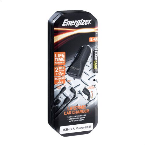 ENERGIZER CAR CHARGER LW 2.4A 2USB+USB-C2.0 +Micro Cable Bk