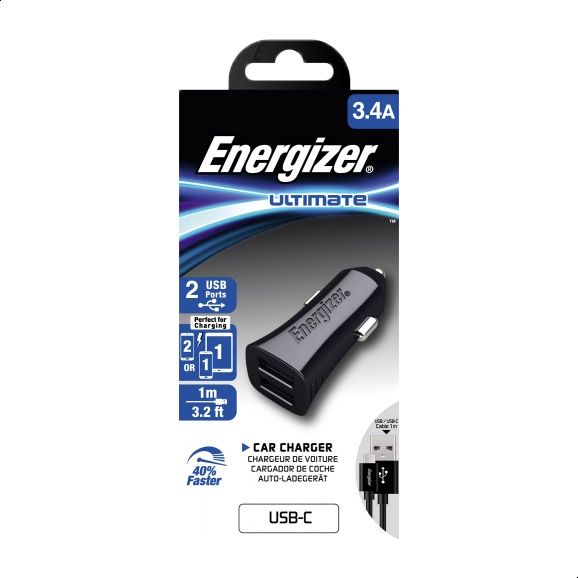 Energizer Car Charger  3.4A 2USB BK +TYPE C2.0 Cable
