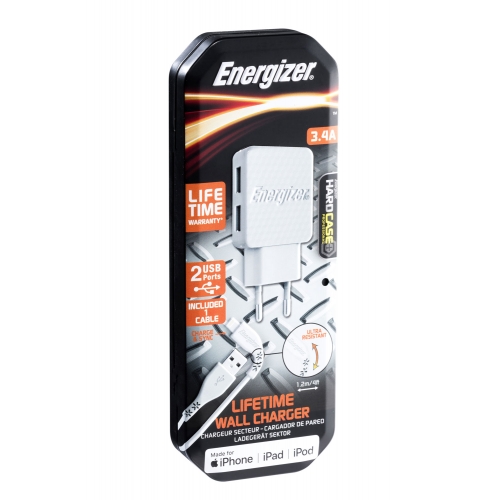 Energizer Wall charger 2Port - 3.4A - 2USB - Lifetime warranty - EU plug - Lightning cable included